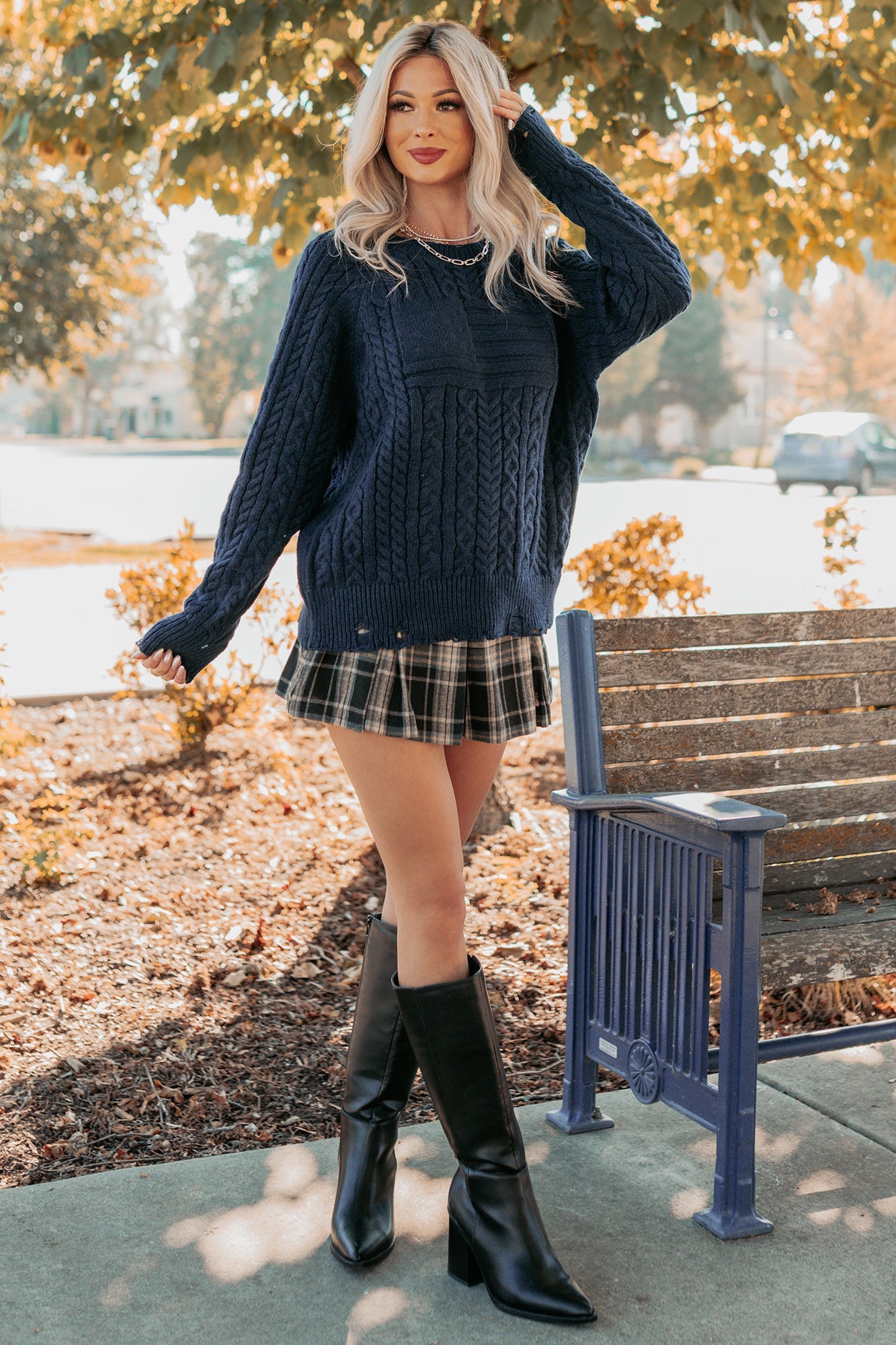 Wild Grace Distressed Hem Flag Cable Knit Sweater (Navy)