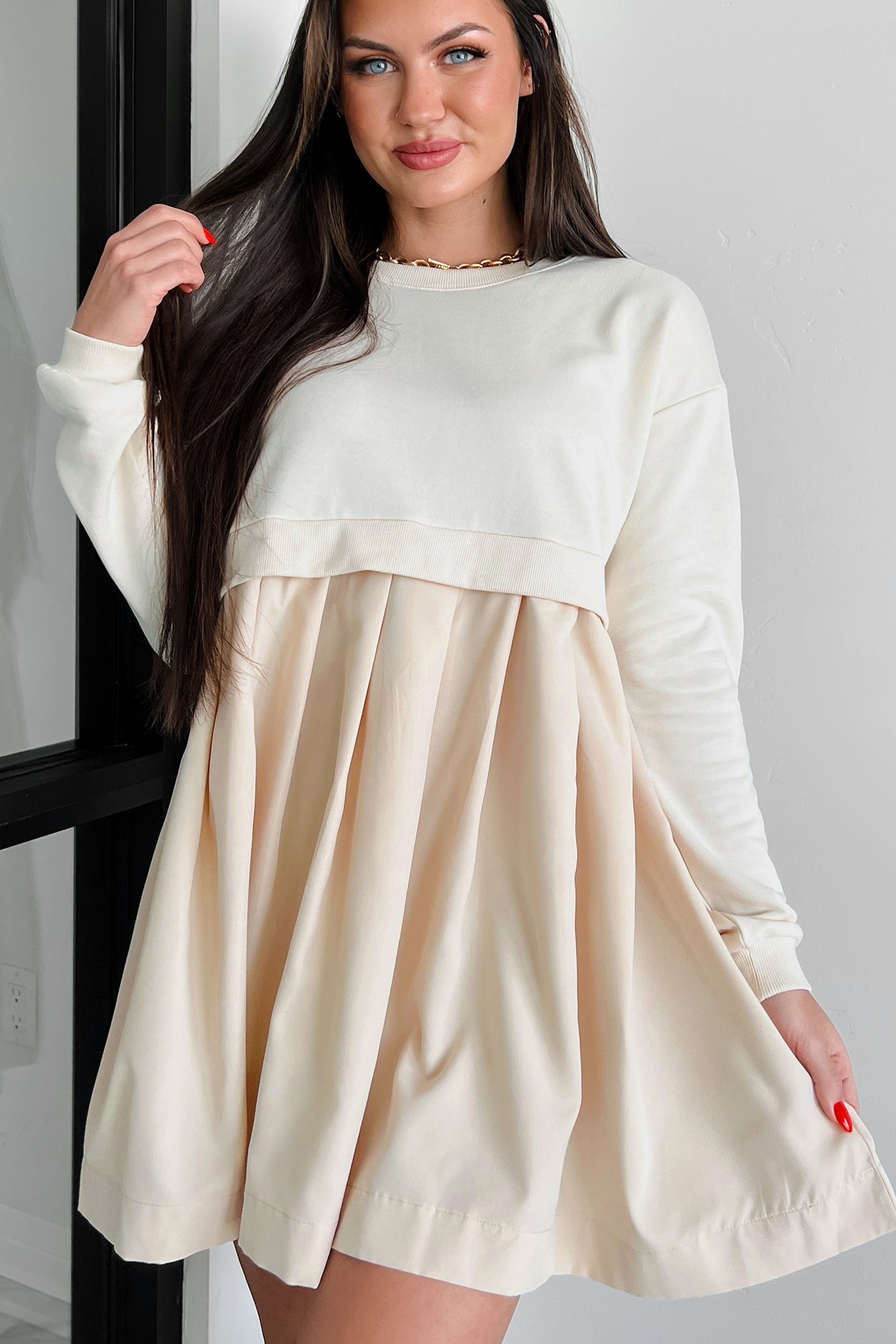 Siobhan Contrast Terry Pleated Mini Dress (Stone)