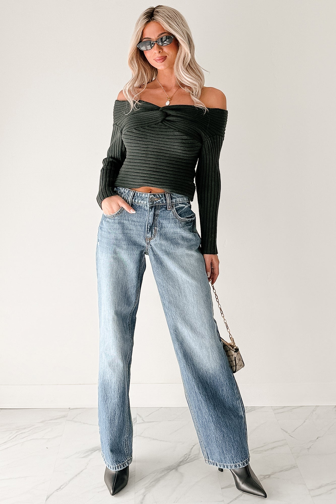 Soft Mirage Off The Shoulder Cable Knit Top (Green)