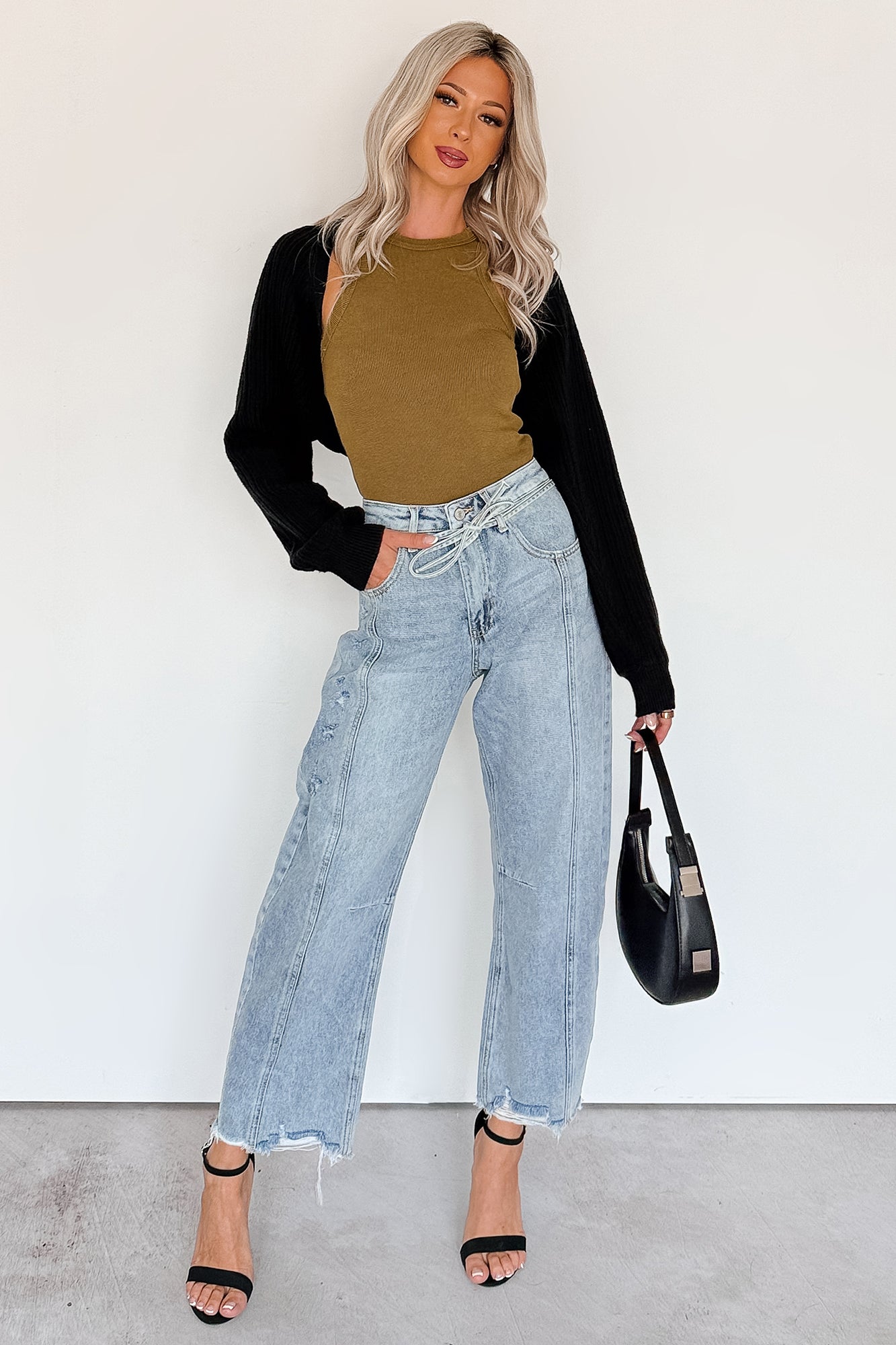 Solara High Rise Waist Tie Saige Denim Barrel Jeans (Light Wash)