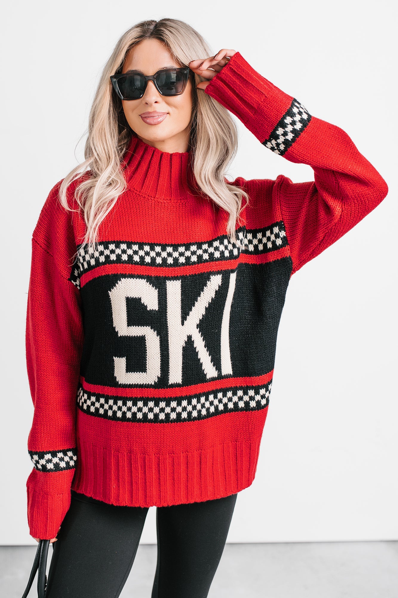 Ski You Later Graphic Mock Neck Sweater (Red)
