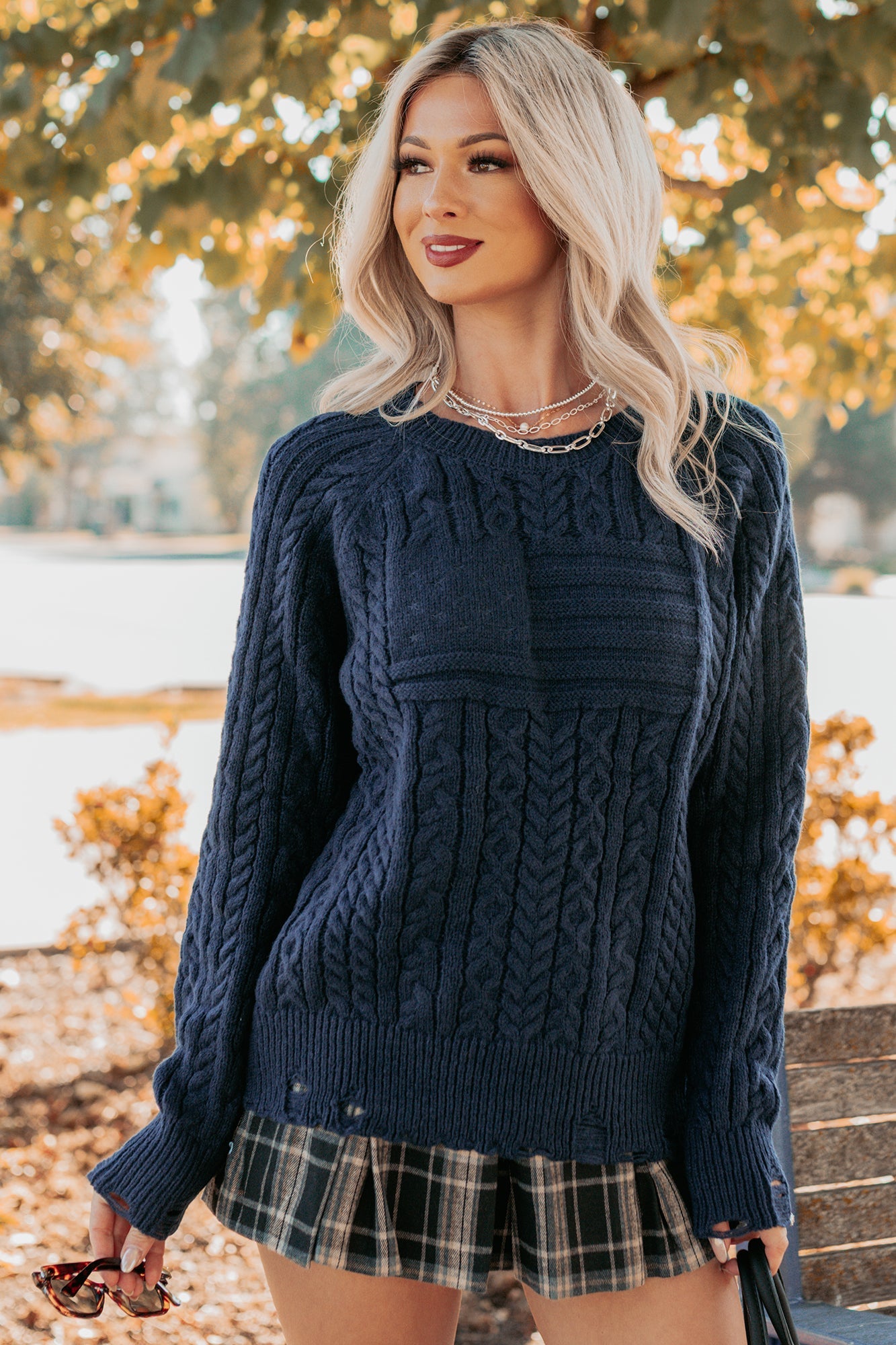 Wild Grace Distressed Hem Flag Cable Knit Sweater (Navy)