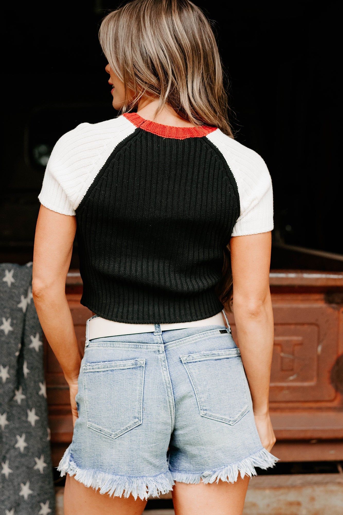 Starlet Style USA Flag Sweater Top (Black/White)