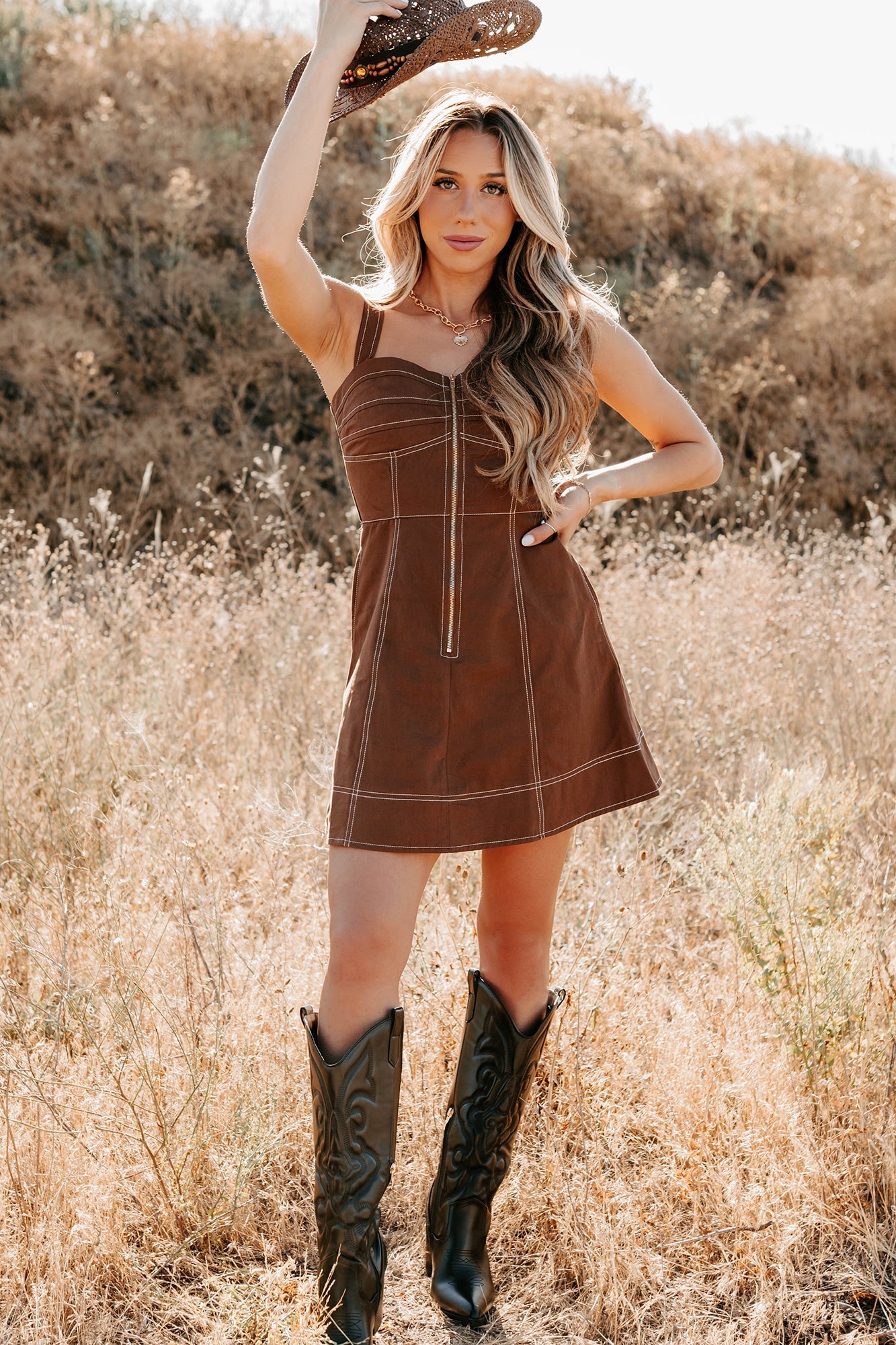 Soulful Gazes Sleeveless Denim Mini Dress (Mocha)