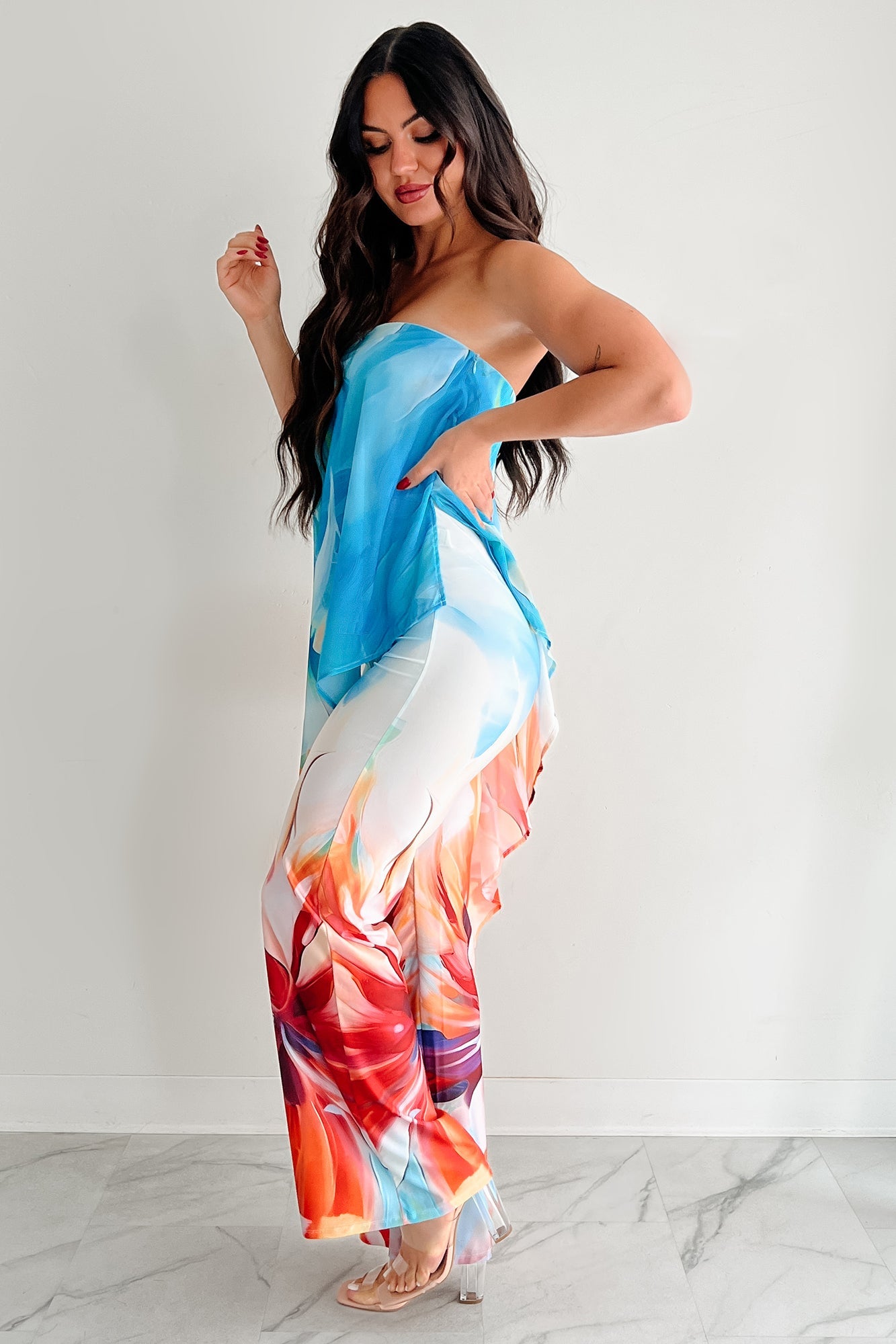 Wander Wildly Strapless Flowy Jumpsuit (Blue/Multi)