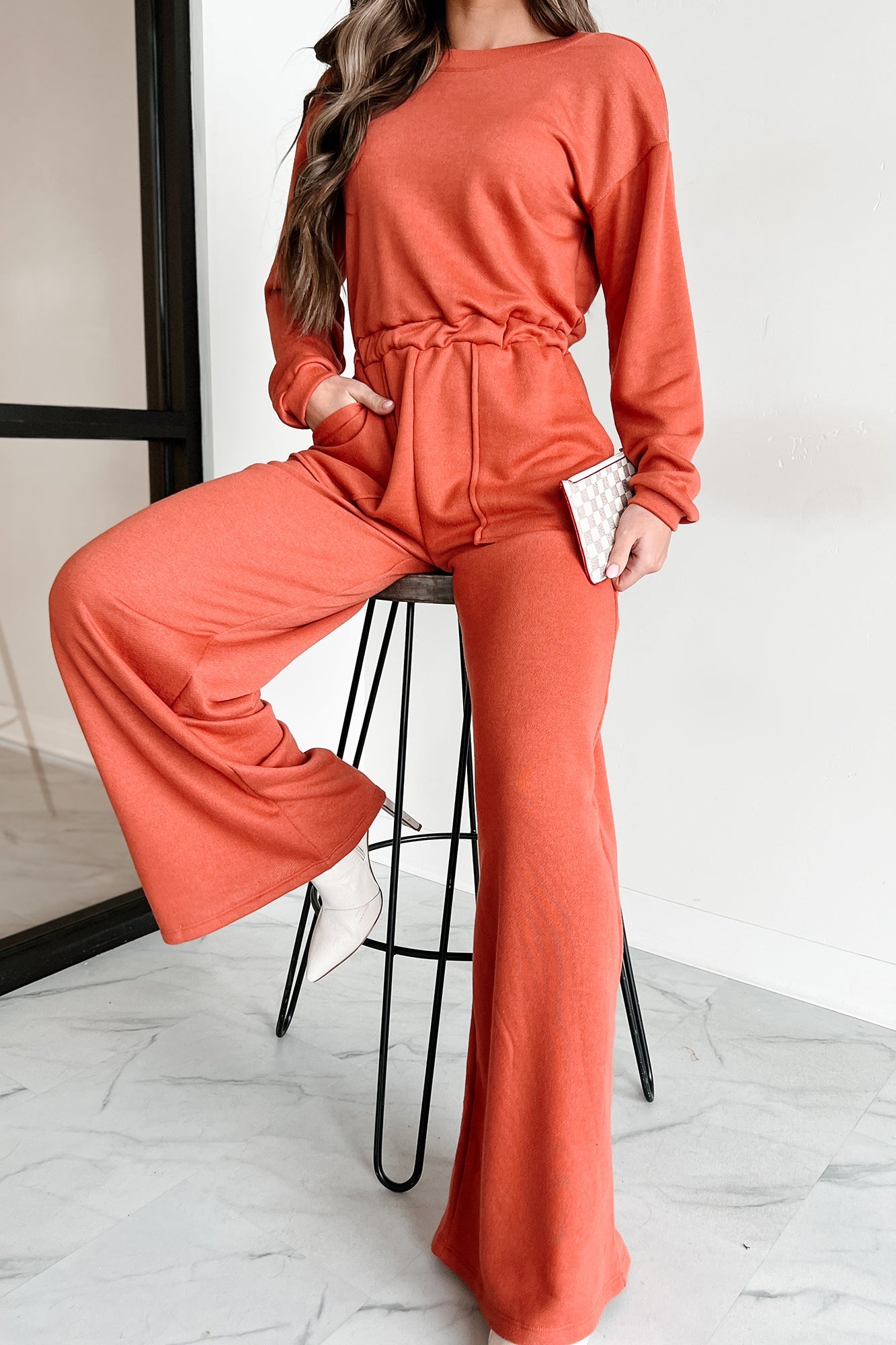 Plausible Deniability Long Sleeve Wide Leg Jumpsuit (Rust)