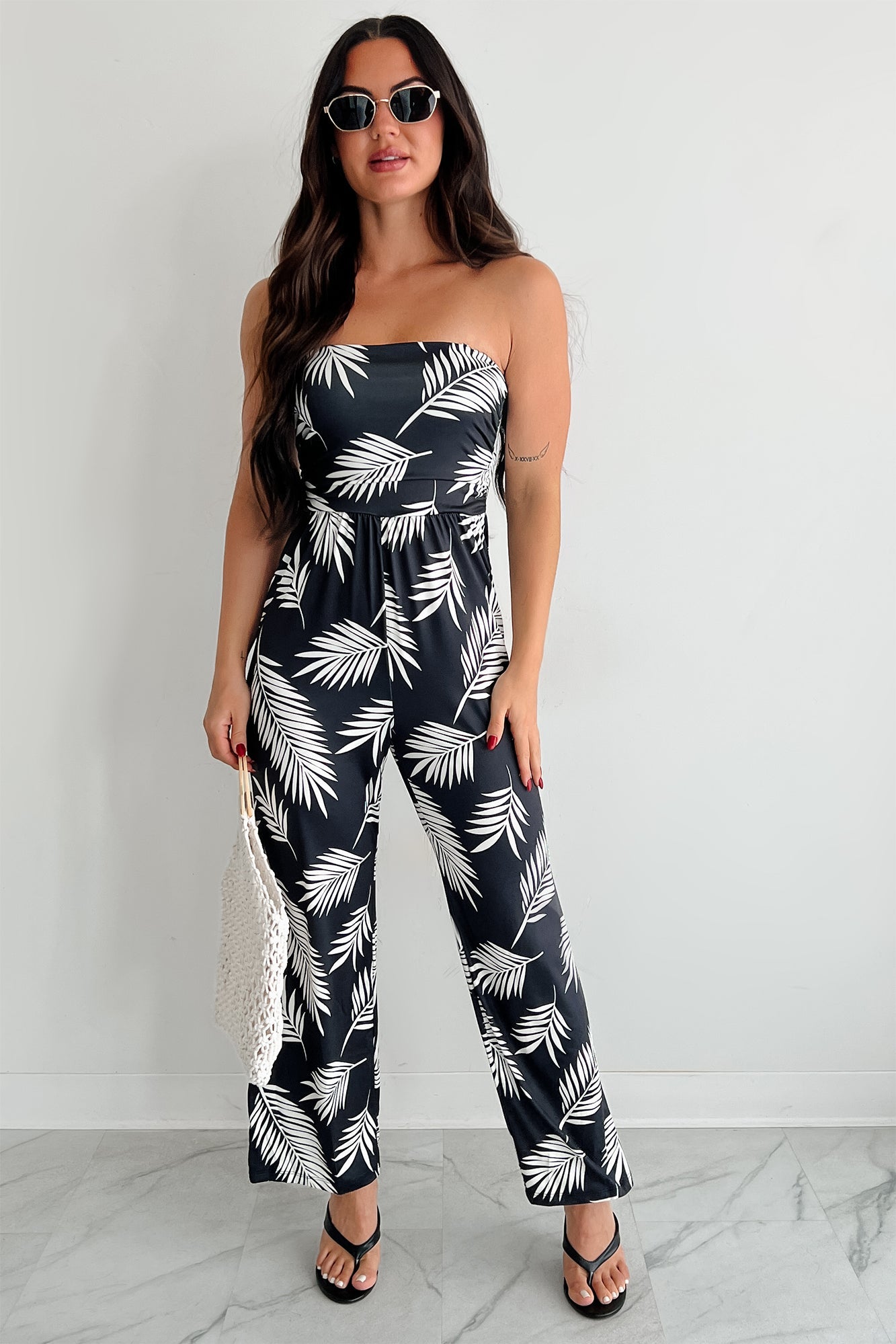 Palm Plans Strapless Leaf Print Jumpsuit (Black)