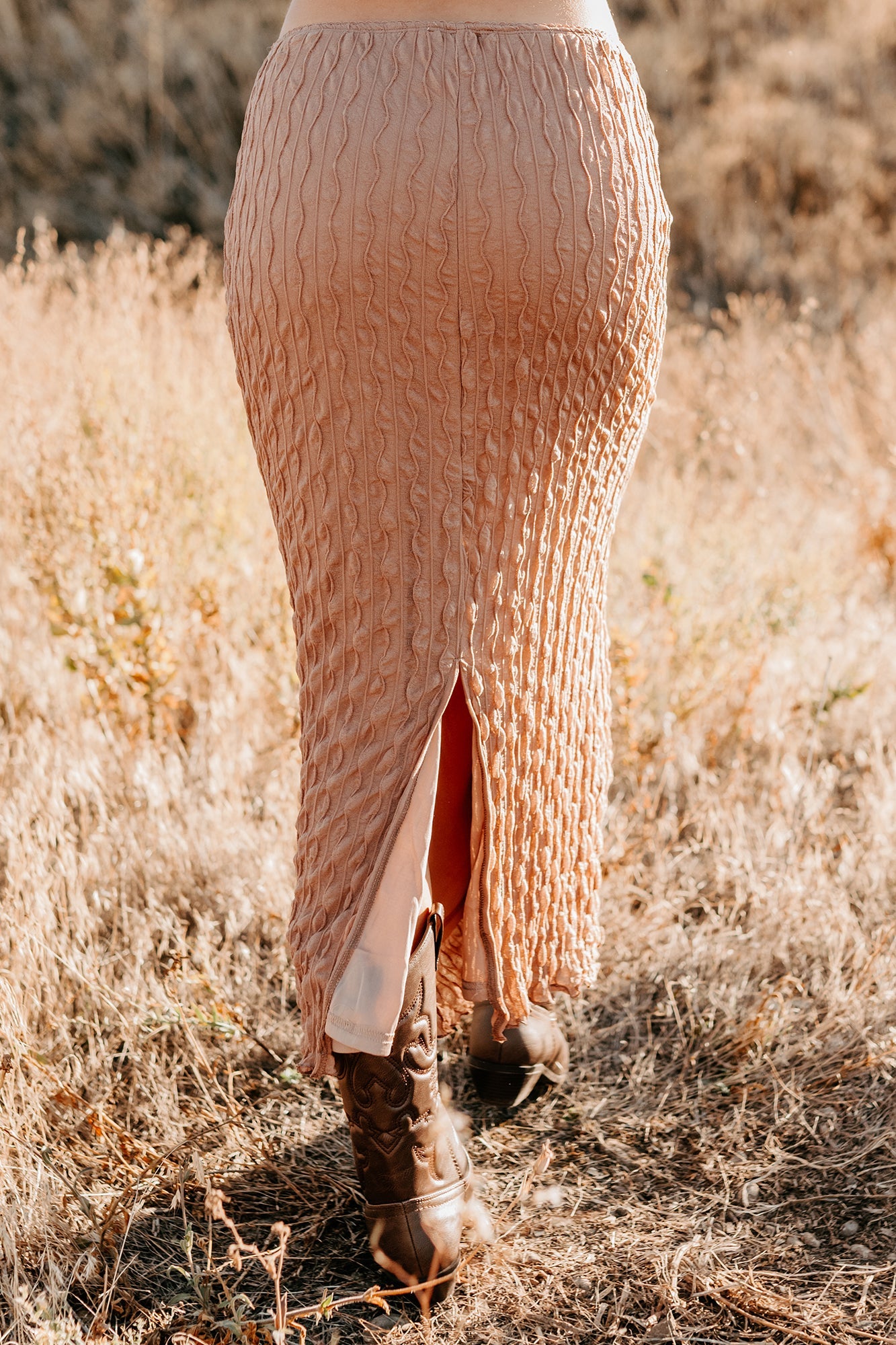Polished Ease Textured Lace Maxi Skirt (Tan)