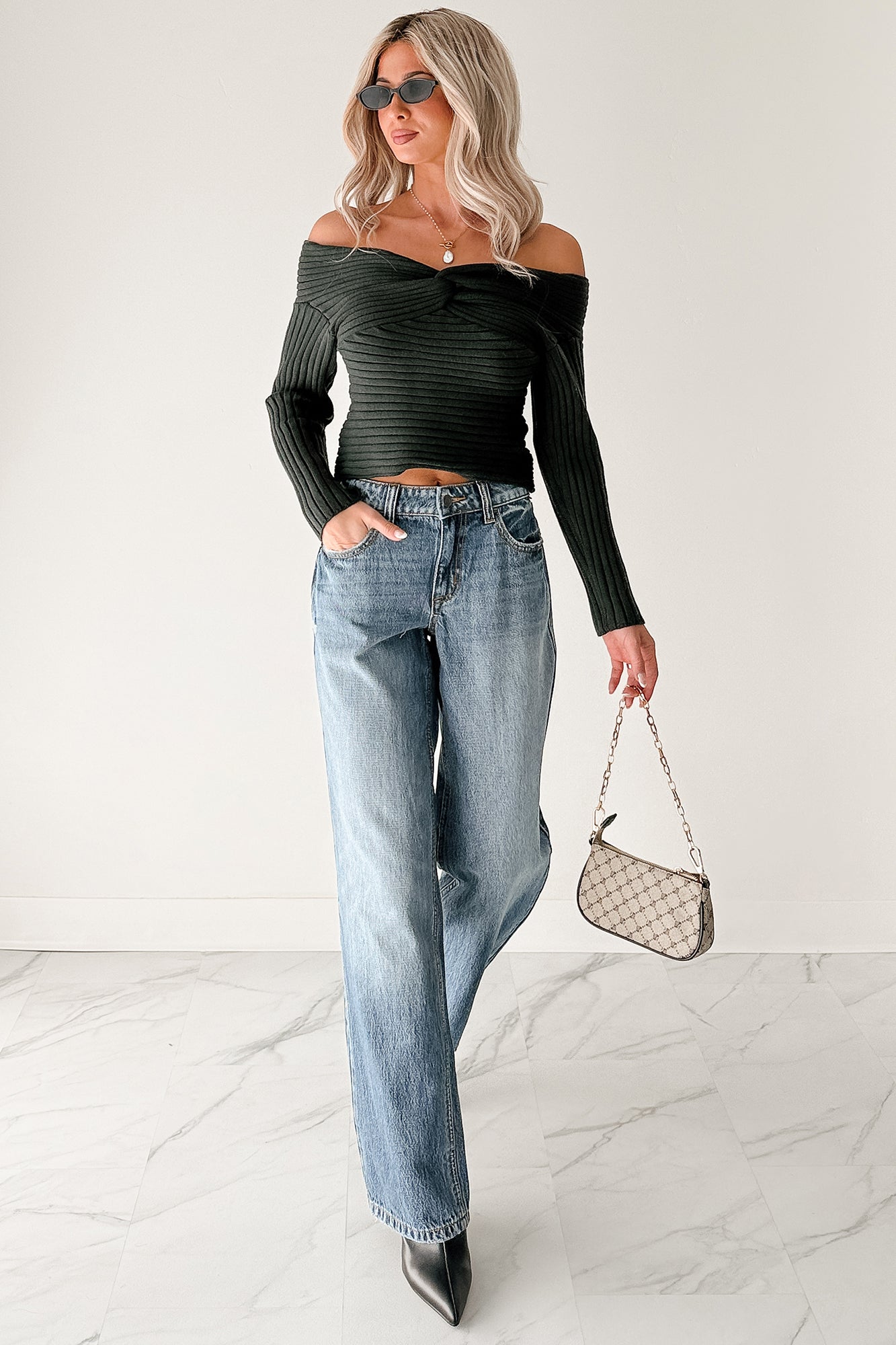 Soft Mirage Off The Shoulder Cable Knit Top (Green)