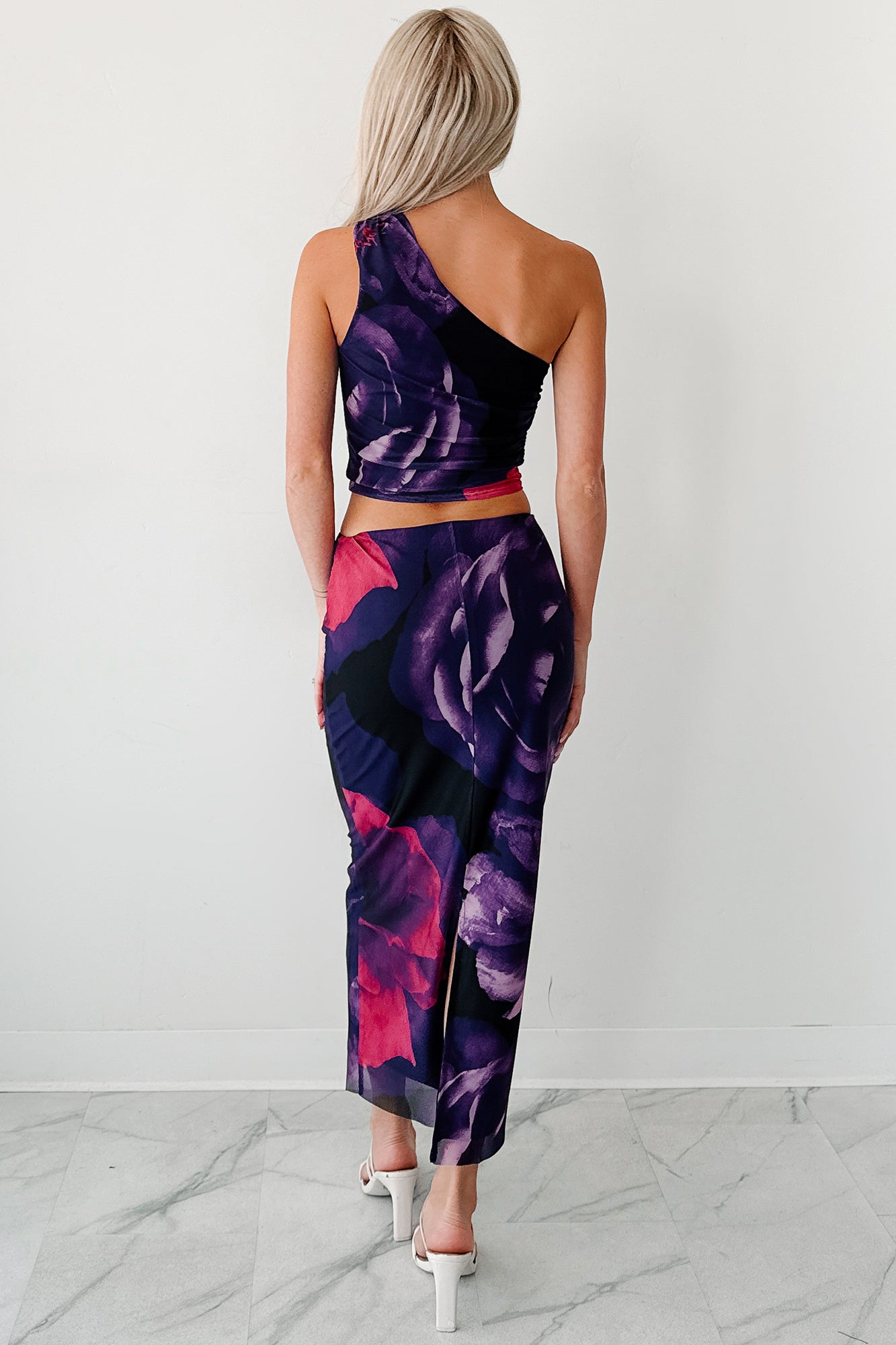 Soft Reign One Shoulder Floral Mesh Top (Purple/Pink)