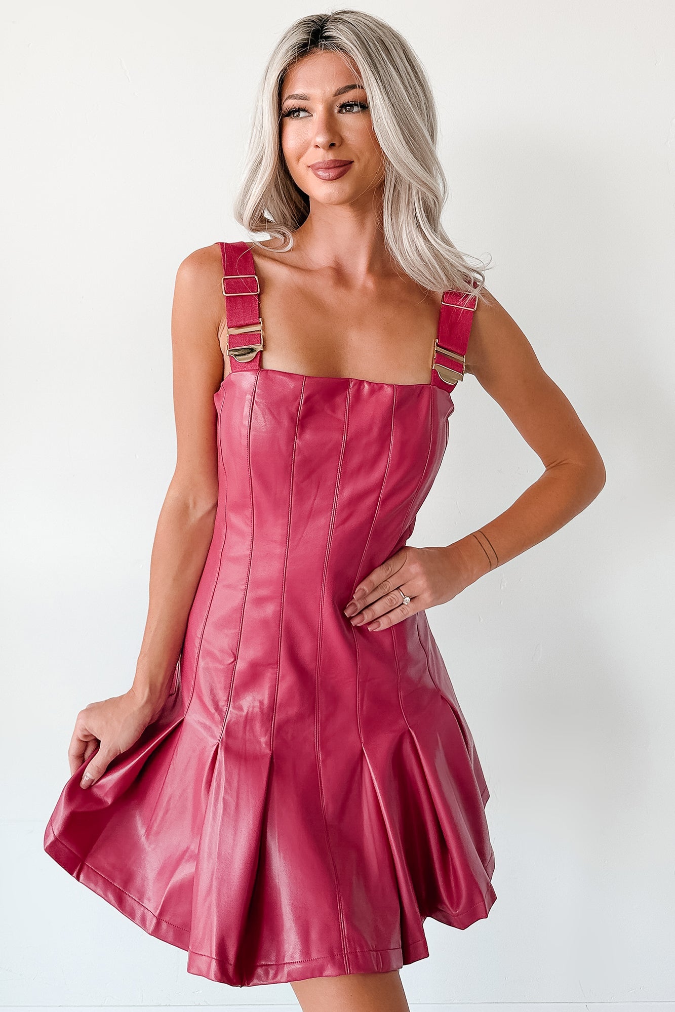 One Of None Pleated Faux Leather Dress (Magenta)