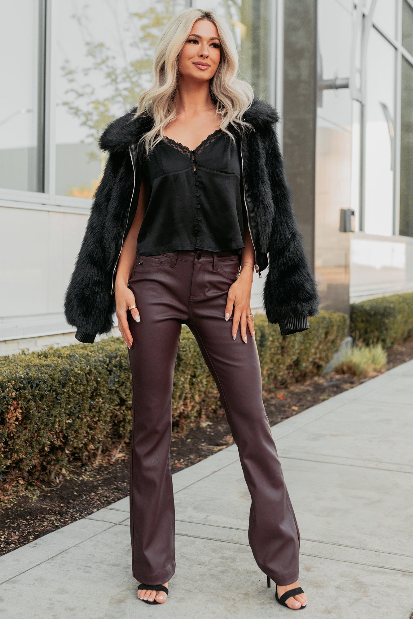 Paityn Faux Leather Boot-Cut Kancan Pants (Burgundy)